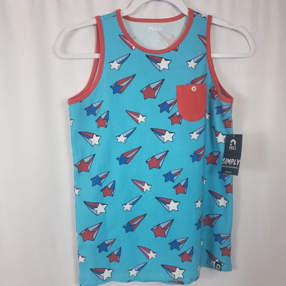 RAGS Blue Shooting Stars Tank Top with Red Pocket and Trim 3/4Y - Picture 4 of 7